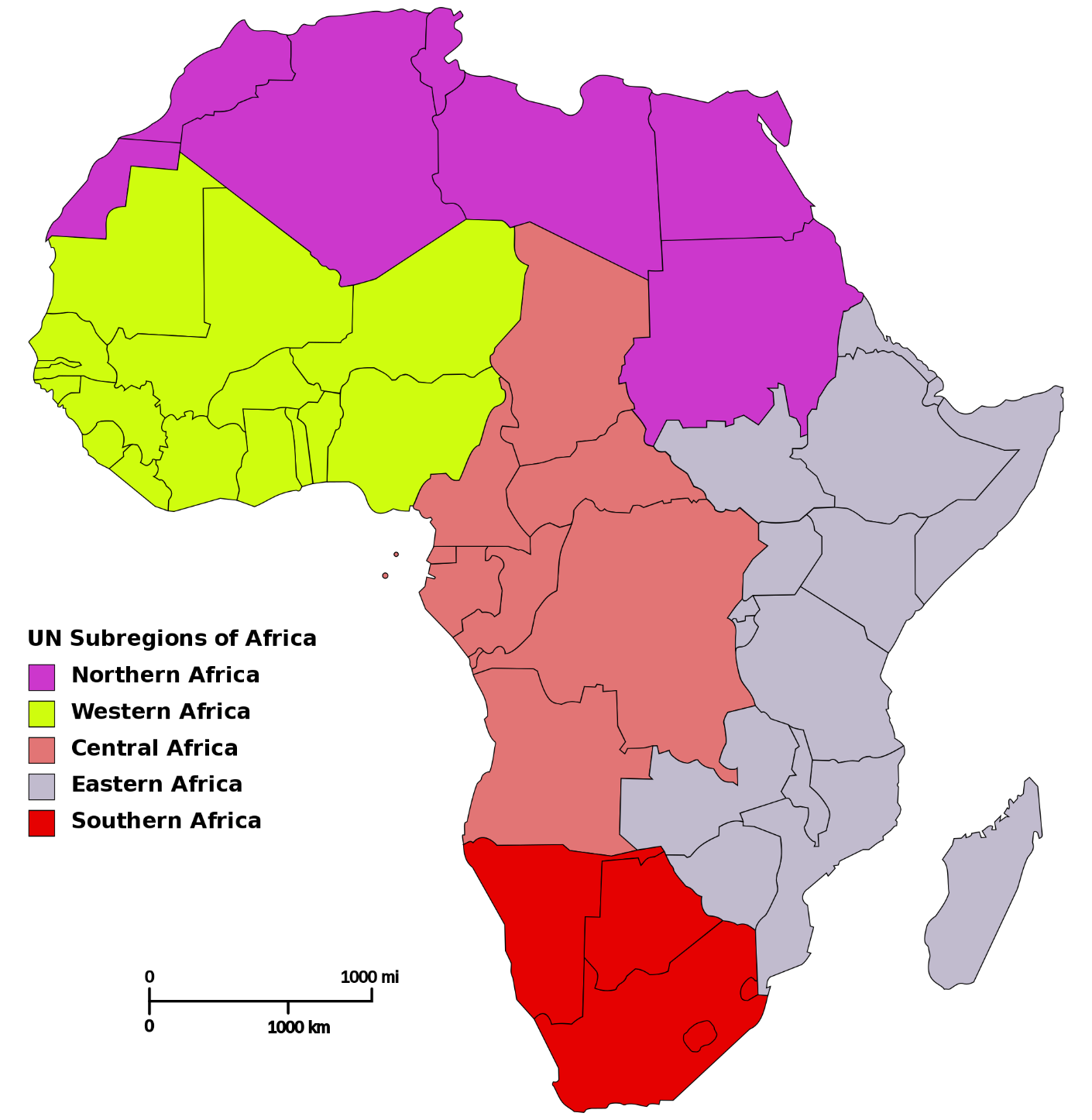 Map of the UN subregions of Africa, showing Southern Africa highlighted